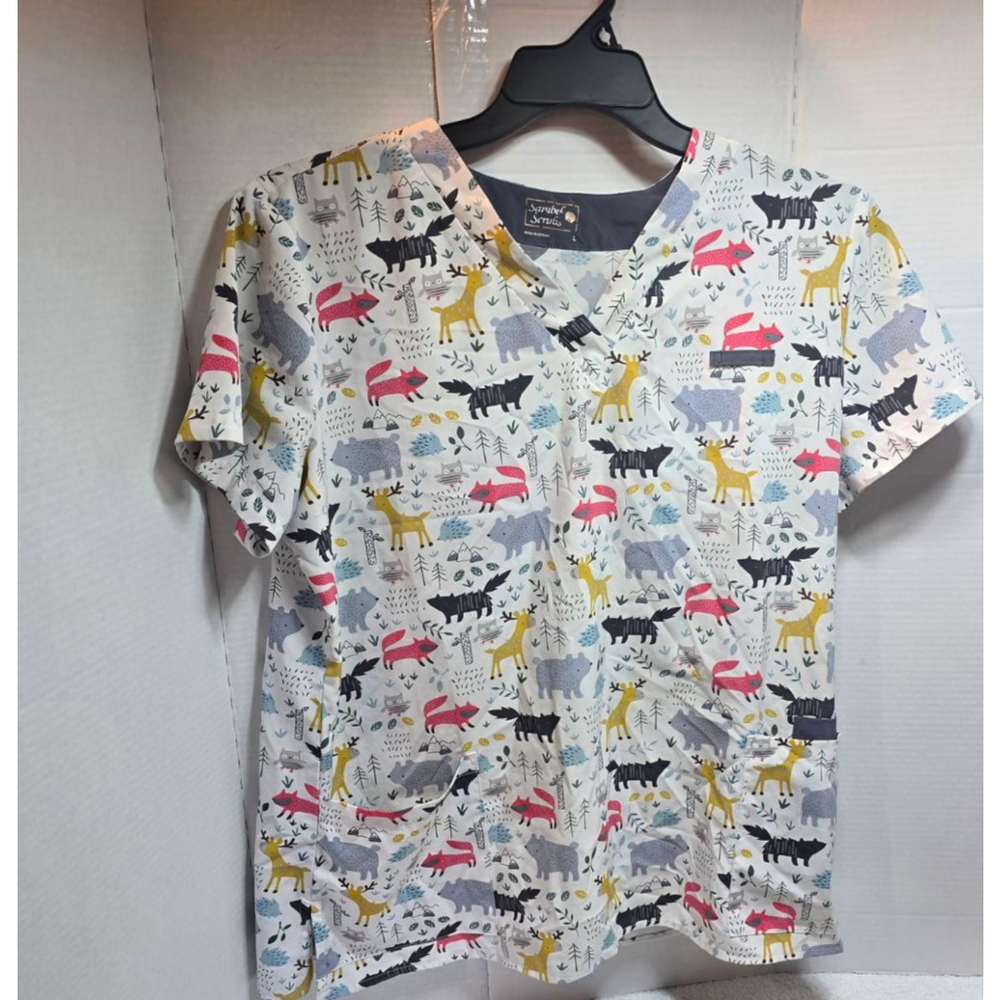 Women's Sanibel Scrubs White Multicolor Animal Print Short Sleeve Tee L